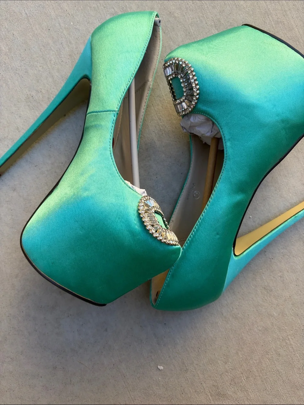 Women's Teal Satin Platform High Heels with Crystal Buckle
